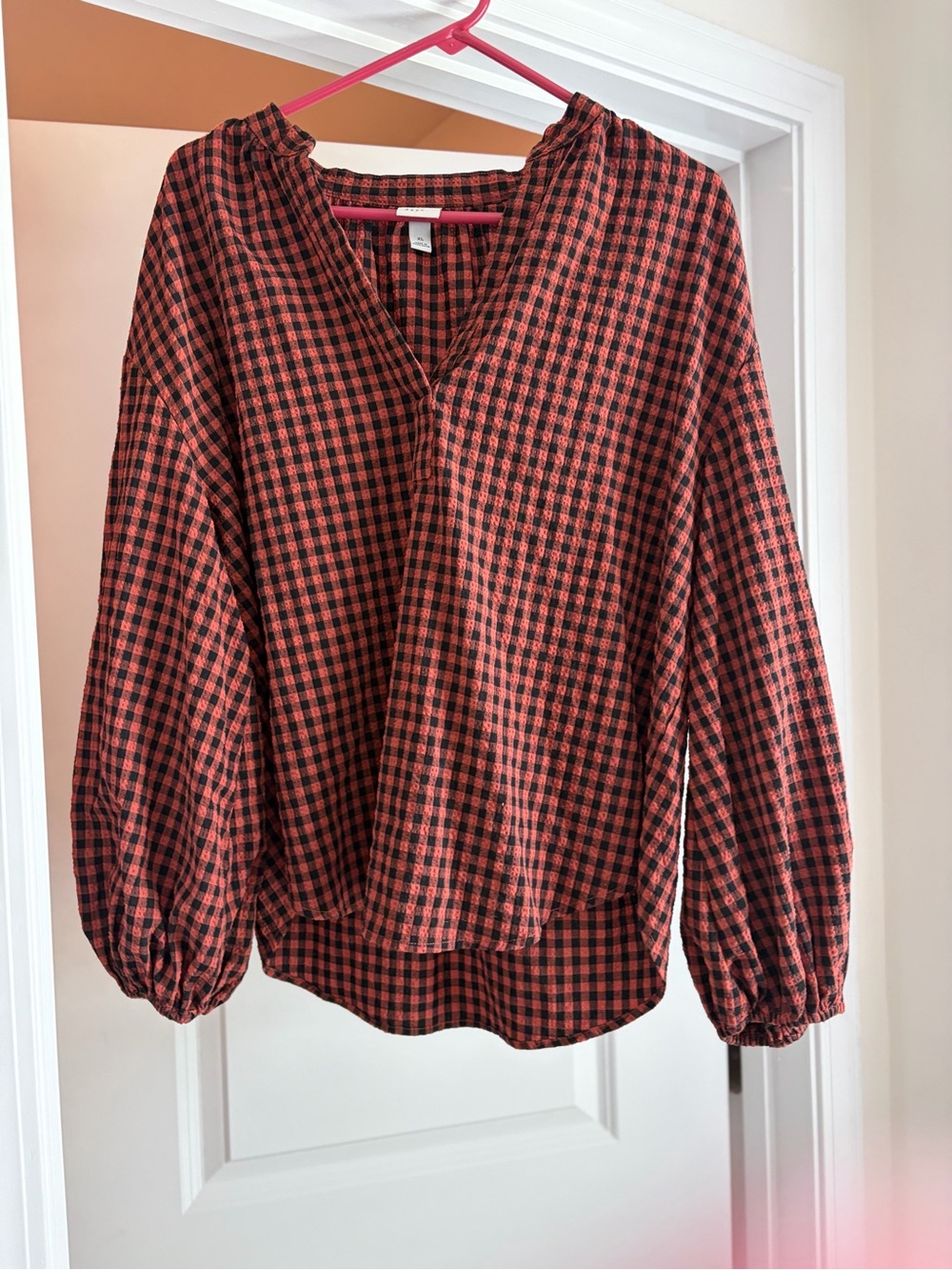 a new day Red and Black Check V-Neck Peasant Top